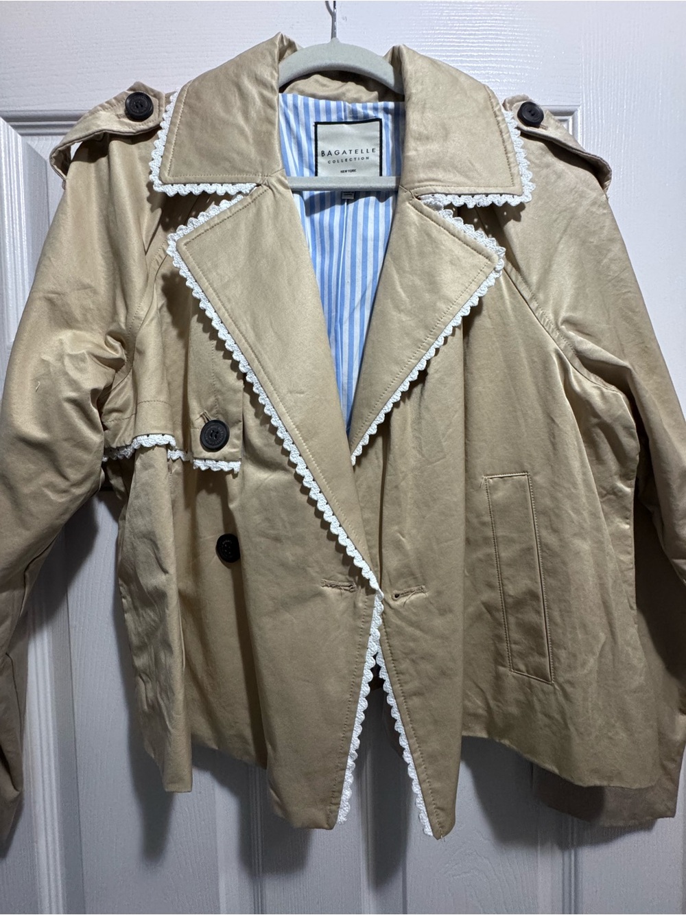 bagatelle Tan Trench Coat with White Lace Trim
